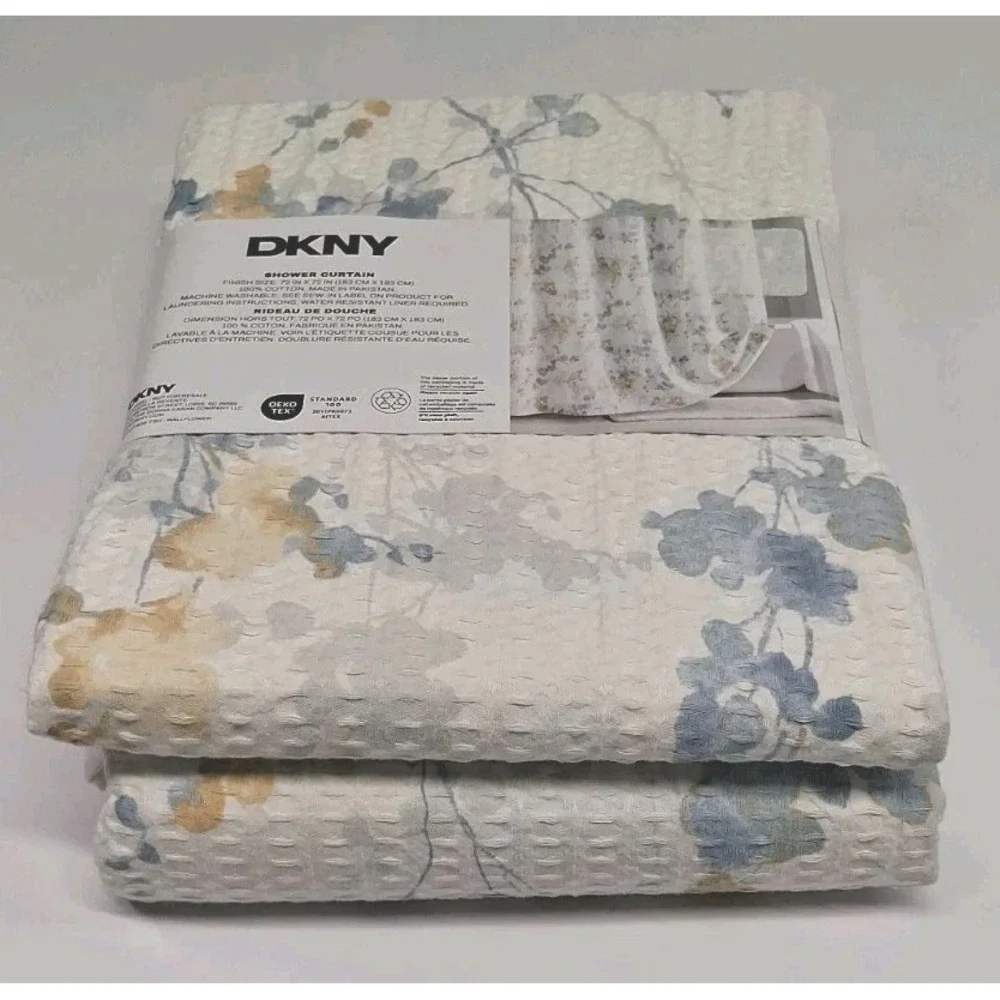 DKNY 'Wallflower' Floral Shower Curtain 100% Cotton 72 X 74 Yellow, Blue & Gray